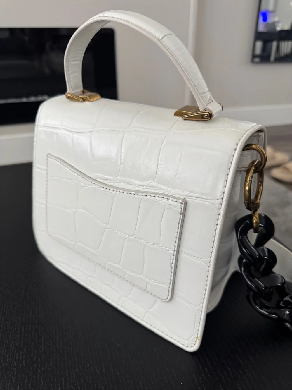 Marc Jacobs White Croc-Embossed Satchel with Black Chain Strap